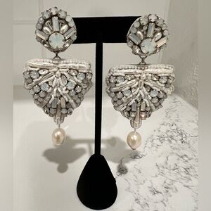 Ranjana Khan Statement Beaded Crystal Pearl Drop Earrings Handmade Leather Back